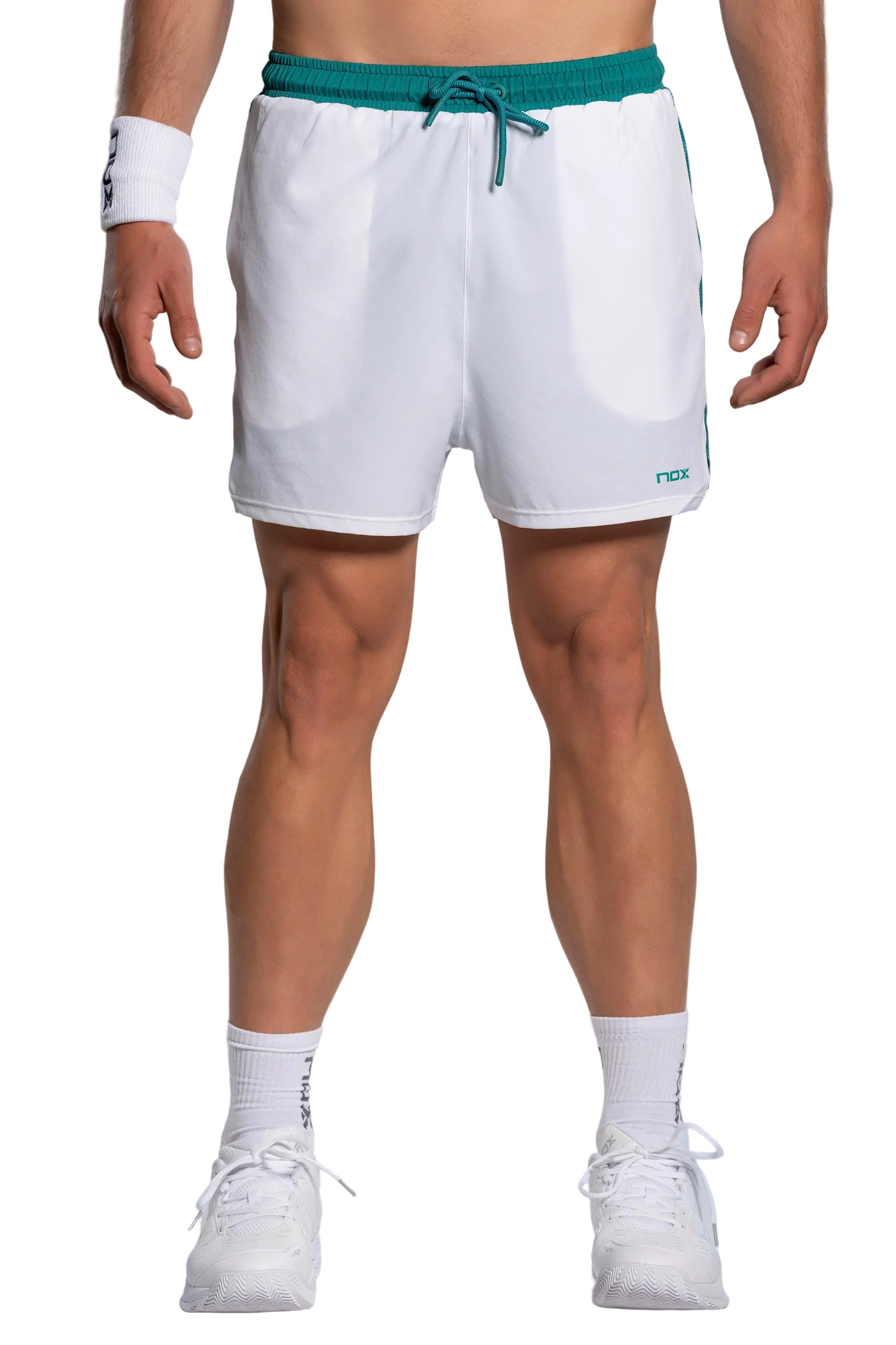 NOX Pro White Ivy Green men padel shorts front view
