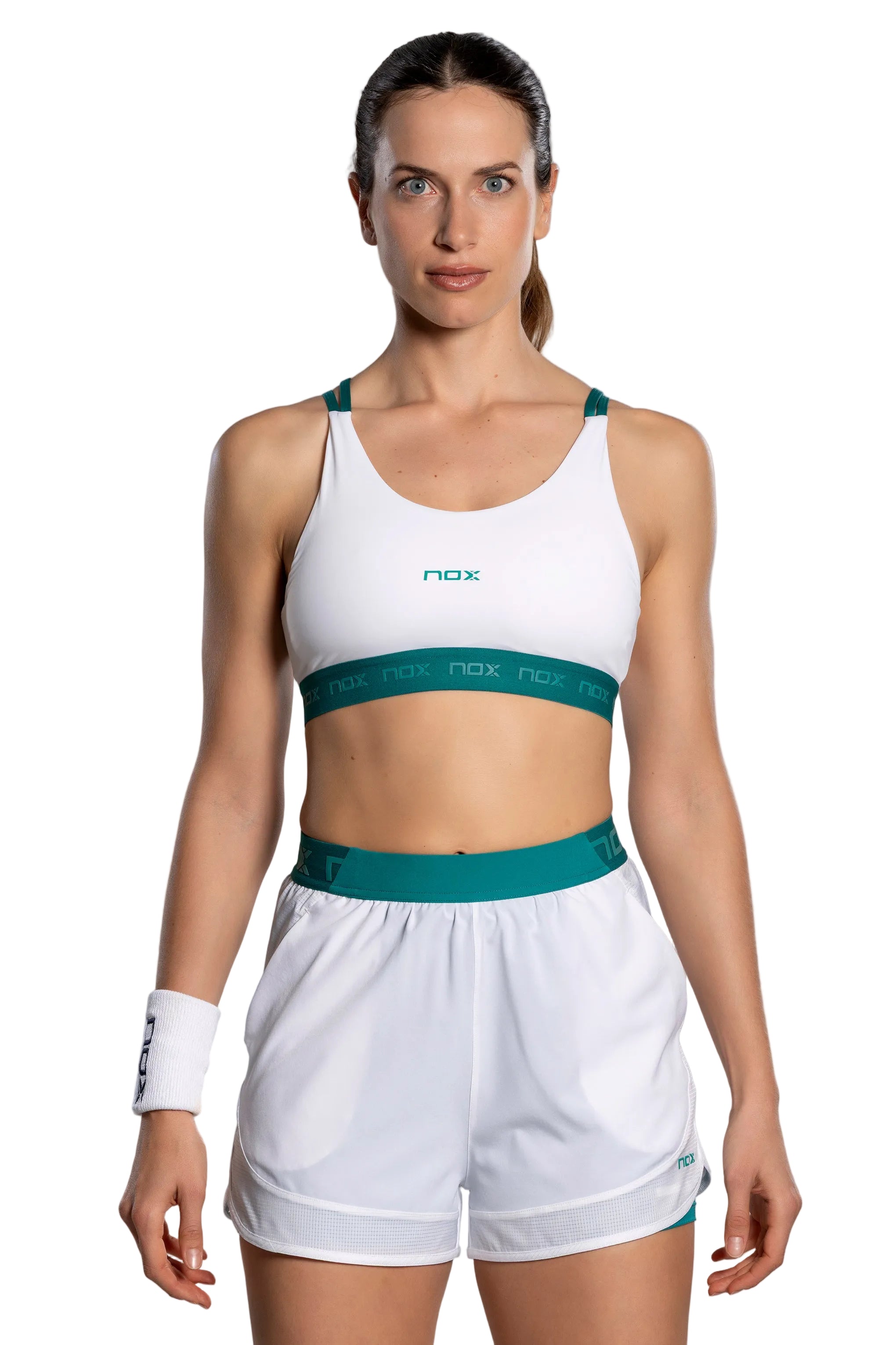 NOX Pro White Ivy Green women sports bra front view
