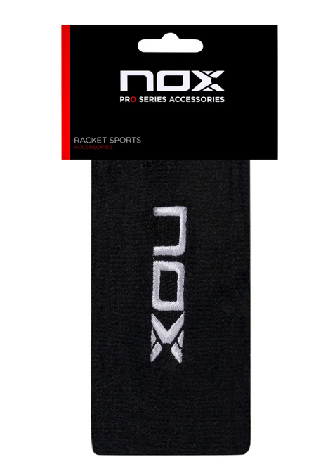 NOX long wristbands black white logo front view
